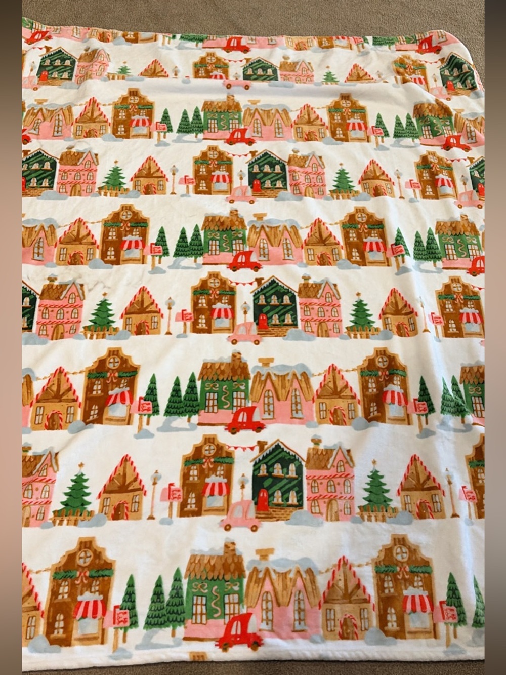 Holiday Village Printed Throw Blanket - White with Green & Pink